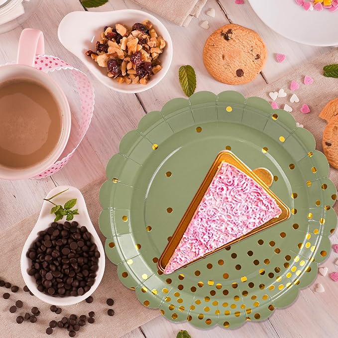 50pcs Sage Green Paper Plates and Napkins Set, 7Inch Sage Green and Gold Dot Disposable Party Plates Set for Baby Shower Birthday Wedding Christmas Party Supplies and Decorations