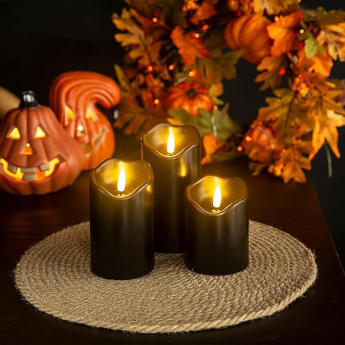 Halloween Flameless Candles with Remote, 3 Pack Battery Operated Wax LED Flickering Candles Halloween Home Party Decor for Fireplace/Shelf/Centerpiece Black
