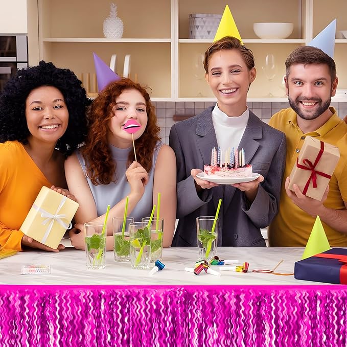 6 Pack 10 Feet Rose Red Wave Foil Fringe Garland Metallic Tinsel Streamers Banner Wall Hanging Curtain Backdrop for Parade Floats, Mother's Day, Easter, Wedding, Birthday Party Decoration