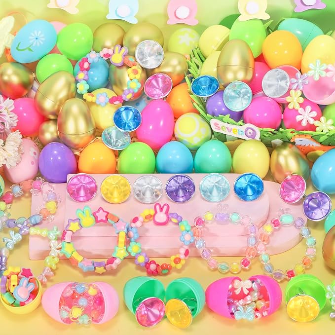 SevenQ Prefilled Easter Eggs with Bracelets Rings 24 Pack Kids Jewelry for Girls Easter Basket Stuffers Gifts for Kids Fidget Toys Fillers Princess Party Favors Classroom Treasure Box Egg Hunt Games