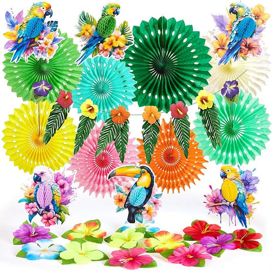 PAPER JAZZ Tropical Toucan Hibiscus Party Decorations, Hawaiian Jungle Theme Supplies, Yellow Pink Hanging Ornaments for Luau Tiki Party