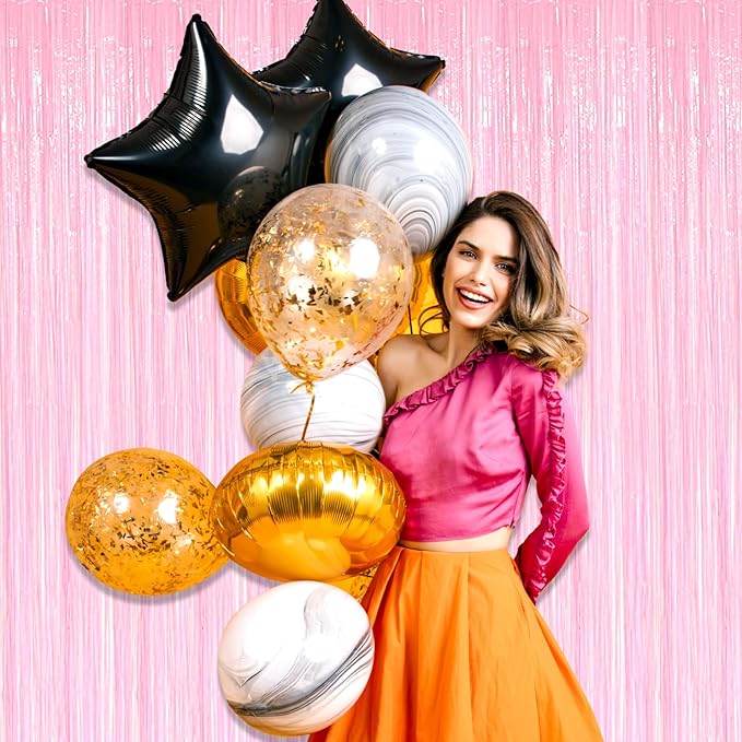 3 Pack Macaron Pink Foil Fringe Curtain Backdrop, 3.28Ft x 8.2Ft Metallic Tinsel Foil Fringe Streamer Curtains for Photo Booth, Mother's Day, Easter, Birthday, Wedding Party Decorations