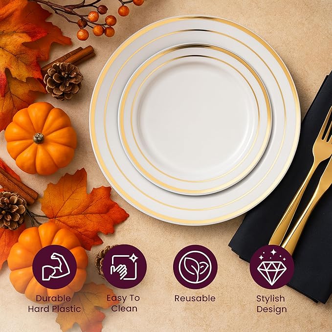 Aya's Cutlery Kingdom 100 White and Gold Plastic Plates for Thanksgiving Dinner - Fancy Plate for Party - 50 (10") Dinner and 50 (7.5") Salad Plates - Heavy Duty, Elegant Disposable Tableware Set