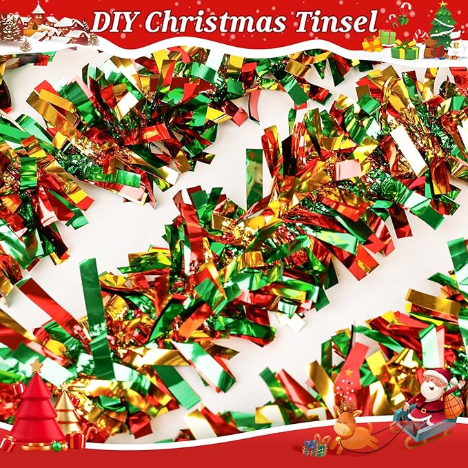 50Ft Christmas Tinsel Garland Red Green and Gold Xmas Tree Decorations Metallic Glitter Twist Garland for Christmas Decorations Anniversary Birthday Wedding Holiday Supplies Indoor Outdoor Supplies