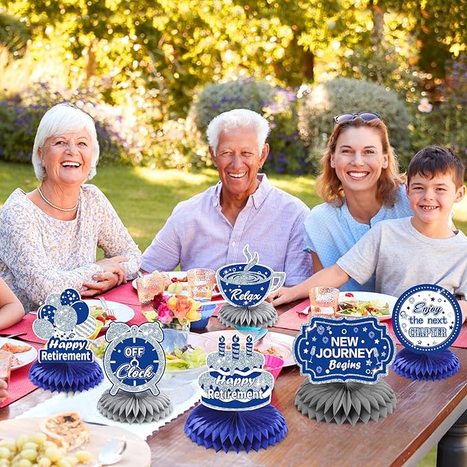 8Pcs Blue Retirement Decorations Navy Blue Silver Happy Retirement Table Honeycomb Centerpieces Farewell Table Topper Decor for Men Women Office Going Away Photo Booth Props Labor Day Party Supplies