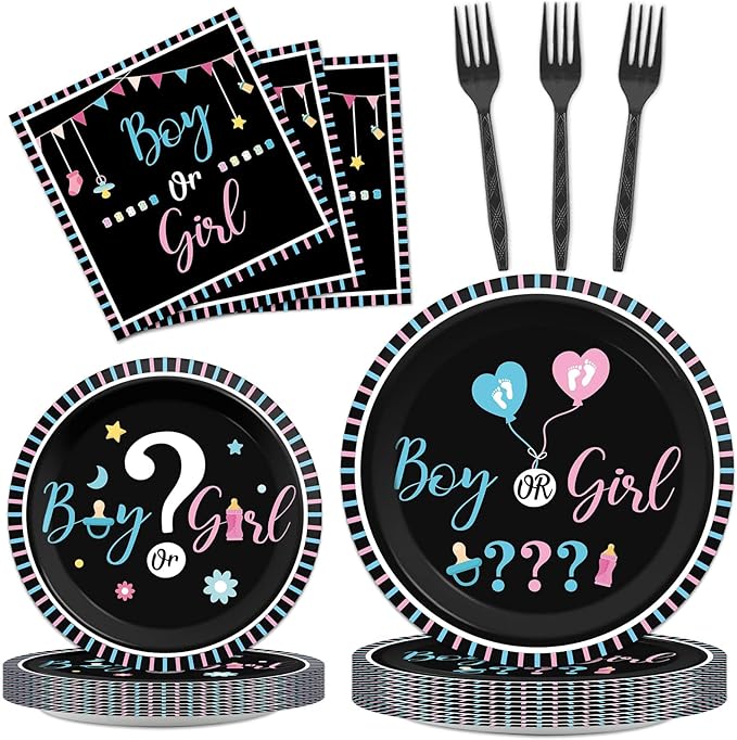96 Pieces Gender Reveal Party Plates Boy or Girl Theme Party Decorations Gender Reveal Paper Plates and Napkins Boy or Girl Disposable Dessert Tableware Set Halloween Baby Shower Supplies 24 Guests