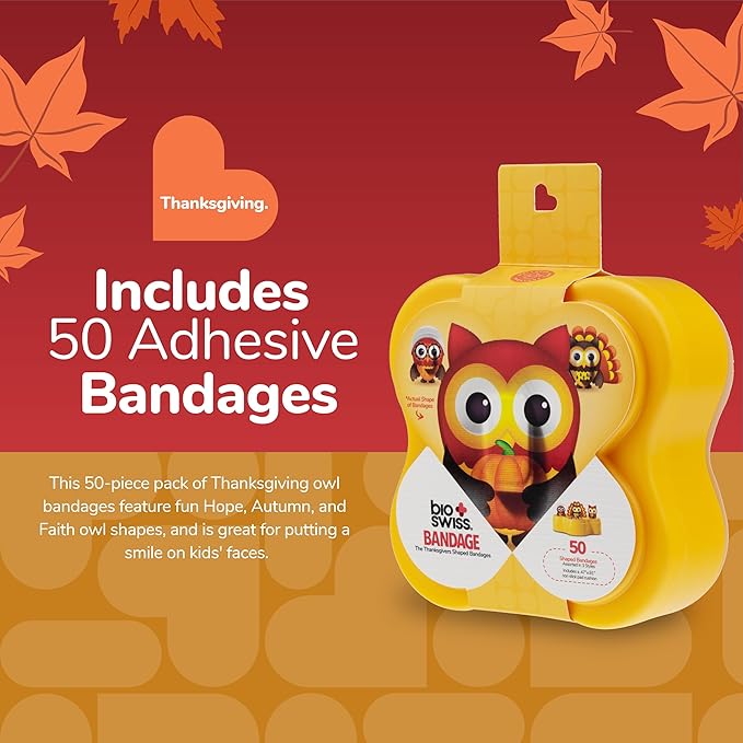 BioSwiss Kids Bandages, Thanksgiving Shaped Self Adhesive Bandage Set, Latex Free, Sterile Wound Care, 50 Count