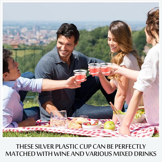 Gejoy 9 oz Rimmed Swirl Plastic Cups Disposable Wine Drinking Cups Clear Elegant Halloween Tumblers for Christmas Party Supplies(Silver,100 Pcs)