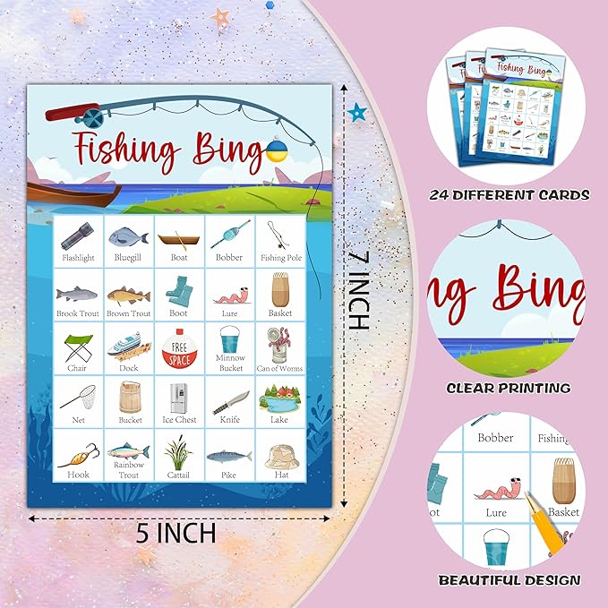 Fishing Bingo Cards, Camp Let's Go Fishing Bingo Games for 24 Players, Camping Party Games for Family Friends Large Group Activities, Fishing Party Favors Supplies Decorations(30)