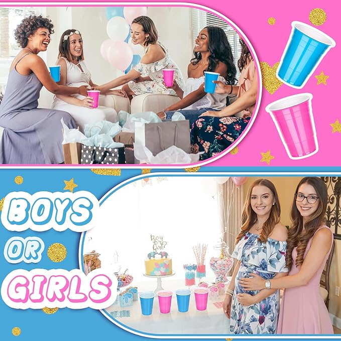 KesaPlan 100PCS 16oz Plastic Cups Bulk, Blue and Pink Disposable Cups for Gender Reveal Party Supplies, Drinking Cups for Baby Shower Decoration, Birthday, Family Gathering, Holiday Theme Events