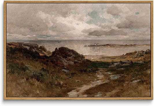 InSimSea Framed Canvas Wall Art Vintage Decor, Seaside Path Wilderness Landscape Paintings Artwork, Large Prints, Retro Wall Decorations for Living Room Bedroom Bathroom, 16"x24"