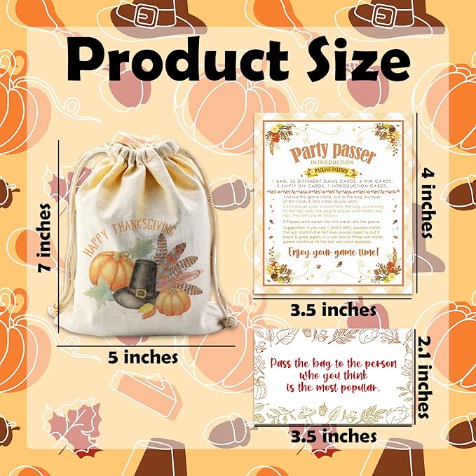 Thanksgiving Turkey Pass The Bag Game - 44 Fun Game Cards & 1 Pumpkin Canvas Bag - Thanksgiving Games for Friends Family, Holiday Gatherings - Fall Harvest Activity, Office & Home Party Supplies - A02