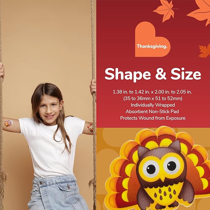 BioSwiss Kids Bandages, Thanksgiving Shaped Self Adhesive Bandage Set, Latex Free, Sterile Wound Care, 50 Count