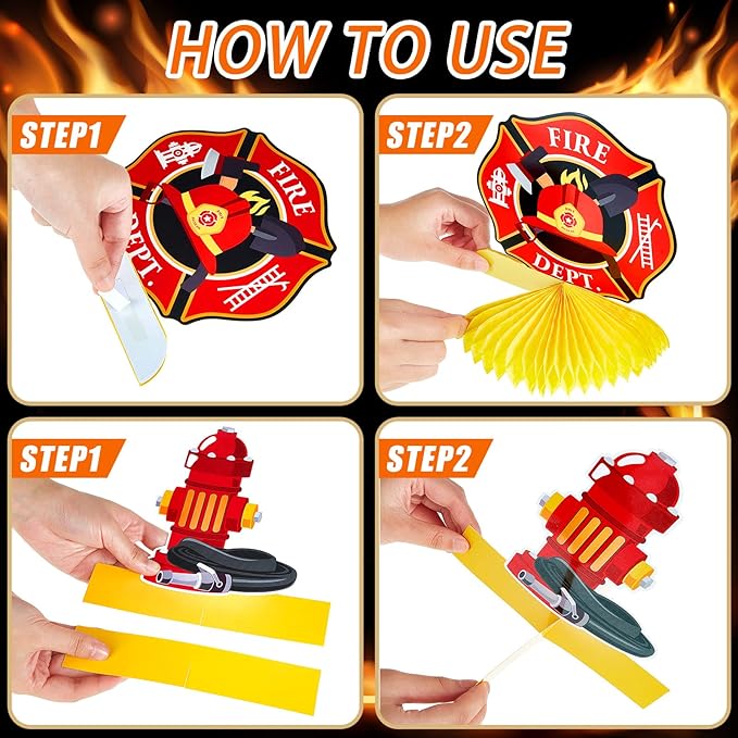 Epakh 10 Pcs Firetruck Birthday Party Decorations Fire Truck Themed Table Supplies Firetruck Honeycomb Centerpieces Fire Truck Plates Firefighter Hat Extinguisher Fireman Party Favor Supplies for Kids