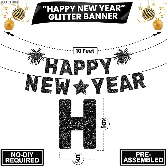 KatchOn Happy New Year Banner Black - Pre-Strung, 10 Feet | Happy New Year Sign for Happy New Years Decorations 2026 | New Years Eve Party Supplies 2026 Black | NYE Decorations 2026