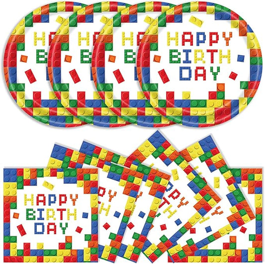 40Pcs Building Block Plates and Napkins Party Supplies, Disposable Colorful Building Block Birthday Party Plates Napkins Tableware Set for Boys Birthday Party Decorations Serve 20 (Building Block)