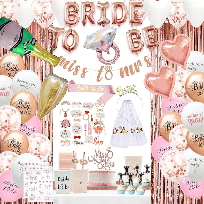 Bachelorette Party Decorations, Bridal Shower Decorations Including Photo Props, Table Runner, Veil, Headband, Banner, Cups, Sash, Balloons, Topper, Sticker, Bride Bachelorette Party Supplies