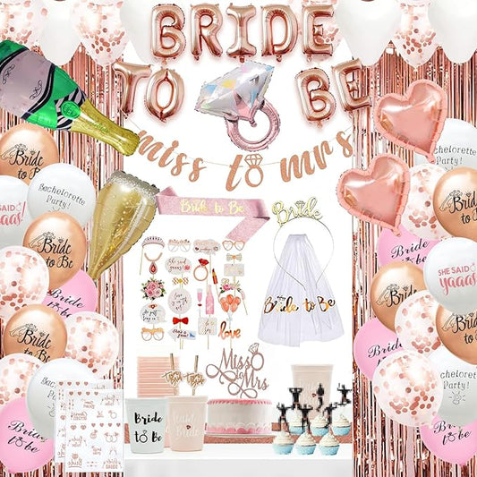 Bachelorette Party Decorations, Bridal Shower Decorations Including Photo Props, Table Runner, Veil, Headband, Banner, Cups, Sash, Balloons, Topper, Sticker, Bride Bachelorette Party Supplies