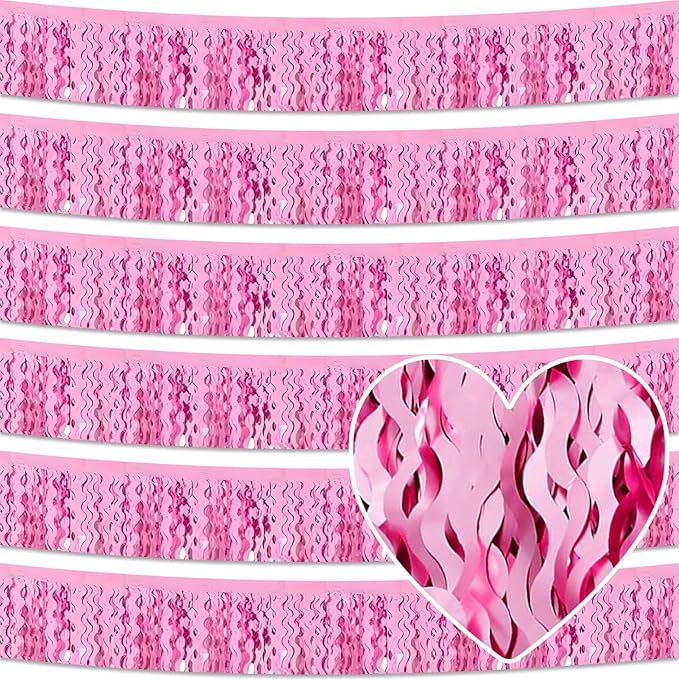 6 Pack 10 Feet Pink Wave Foil Fringe Garland Metallic Tinsel Streamers Banner Wall Hanging Curtain Backdrop for Parade Floats, Mother's Day, Easter, Wedding, Birthday Party Decoration