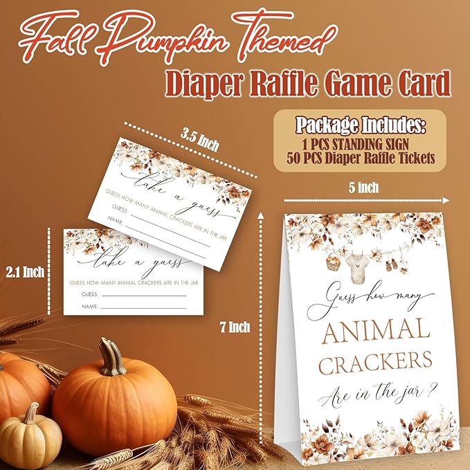 Little Pumpkin Guess How Many Animal Crackers - Thanksgiving Baby Shower Card Set (1 Sign With 50 Guess Cards), Fall Gender Reveal Party Favor Supplies -A02