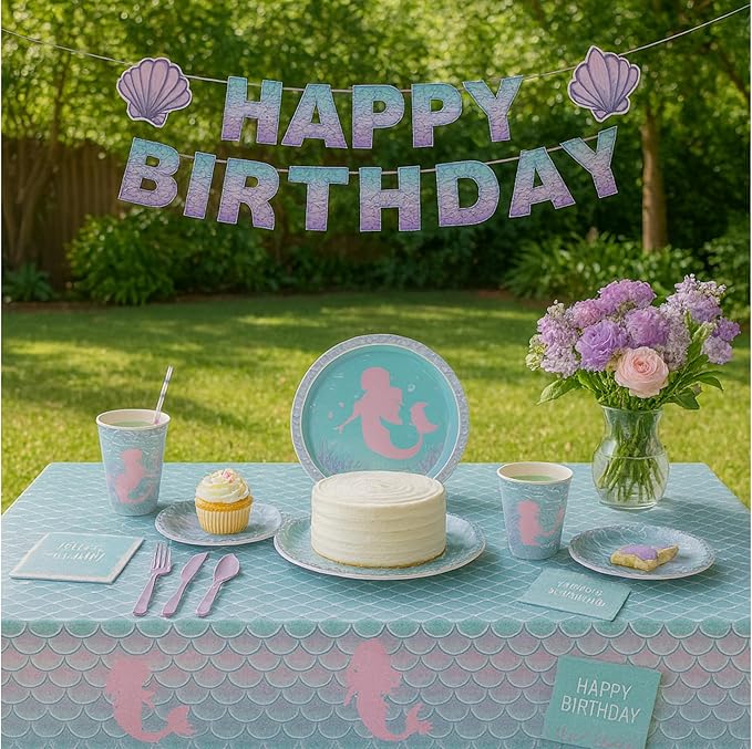Mermaid Birthday Party Supplies for Girls – 102 PCS Mermaid Party Decorations Set for 16 Guests, Includes Plates, Cups, Napkins, Cutlery, Tablecloth, Banner – Under the Sea / Ocean Theme Baby Shower