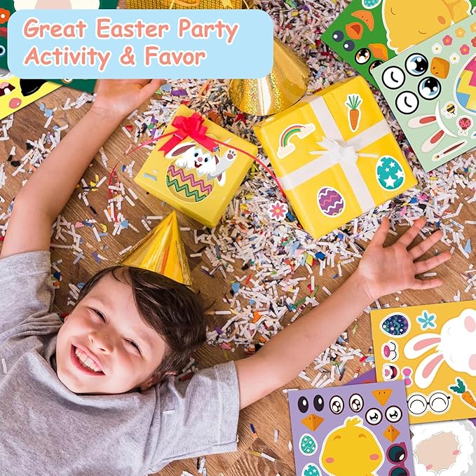 Aowplc 48 Pcs Easter Make-a-Face Sticker Sheets, 8”x 6" Mix and Match Stickers with Animals & Eggs for Kids’ Easter Basket Stuffers, Crafts, Party Favors