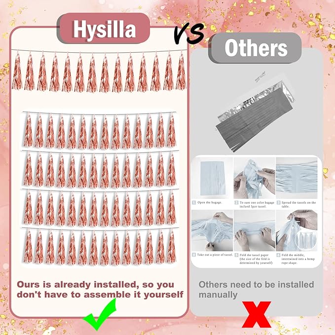 4P Rose Gold Foil Fringe Metallic Tassel Streamers Banner Tassel Garland for Parade Floats, Bachelorette, Wedding, Birthday, Halloween, Christmas, Bridal/Baby Shower Party Decorations