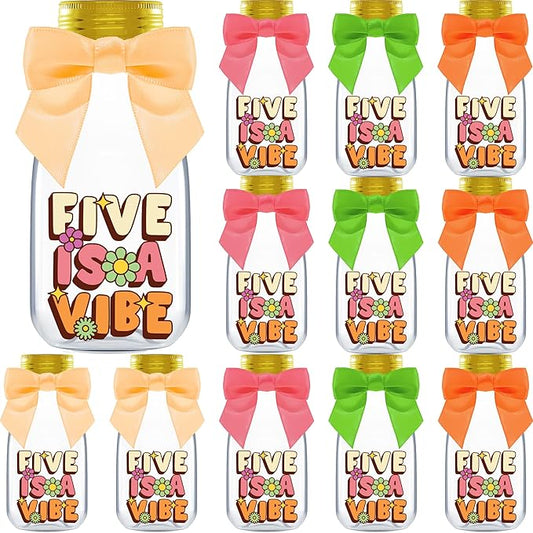 12 Pack Five is a Vibe Party Favors - DIY Candy Jars with Ribbons and Stickers - Groovy Party Decoration Bottles for 5th Birthday Bash for Boy or Girl - Giftable Funky Retro Table Centerpiece