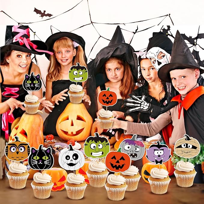 24 PCS Halloween Happy Birthday Cupcake Toppers Halloween Party Decorations Cake Decor Cupcake Decorations Cake Decorating Party Supplies Decor for Baby Shower Boys Girls