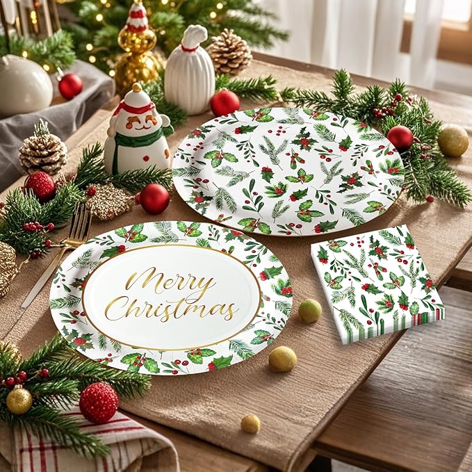 100Pcs Christmas Oval Paper Plates and Napkins Set -10" x 12" Large Disposable Party Plates for Christmas Party Dinner Tableware Decoration Supplies