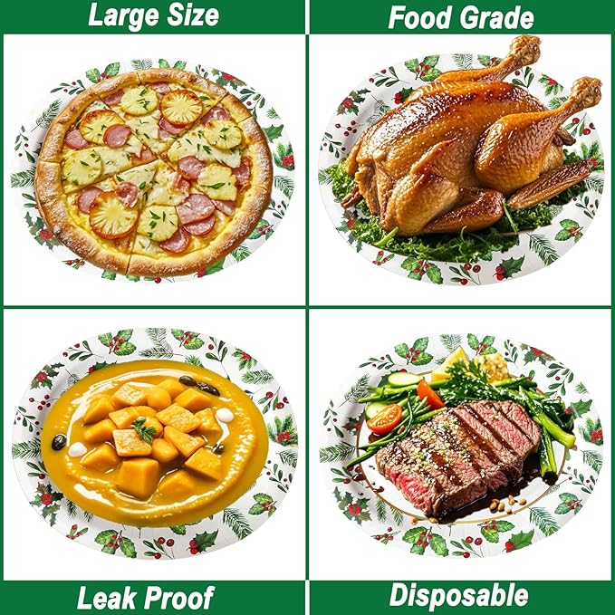 100Pcs Christmas Oval Paper Plates and Napkins Set -10" x 12" Large Disposable Party Plates for Christmas Party Dinner Tableware Decoration Supplies