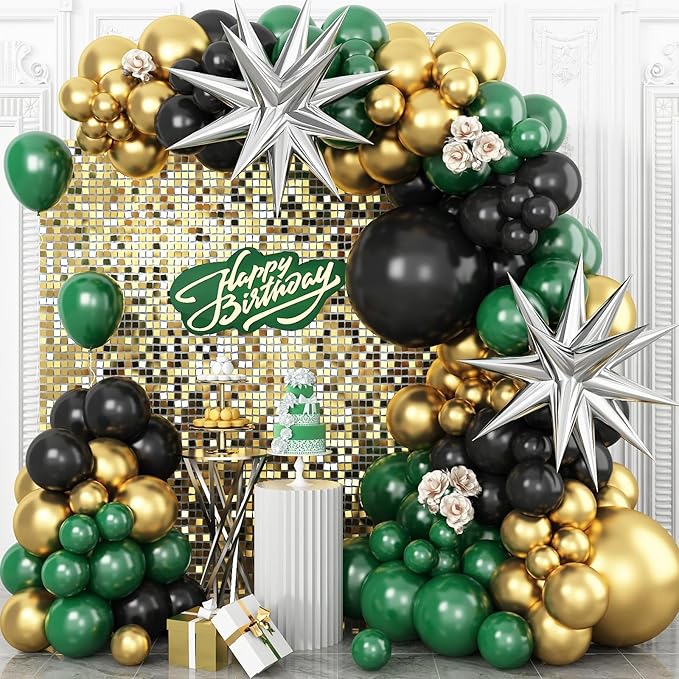 Green Black Gold Balloon Arch Kit, Dark Green Black Balloons Metallic Gold Balloon Garland Kit with Explosion Star Foil Balloons for Graduation Football Army Jungle Birthday Christmas Party Decoration