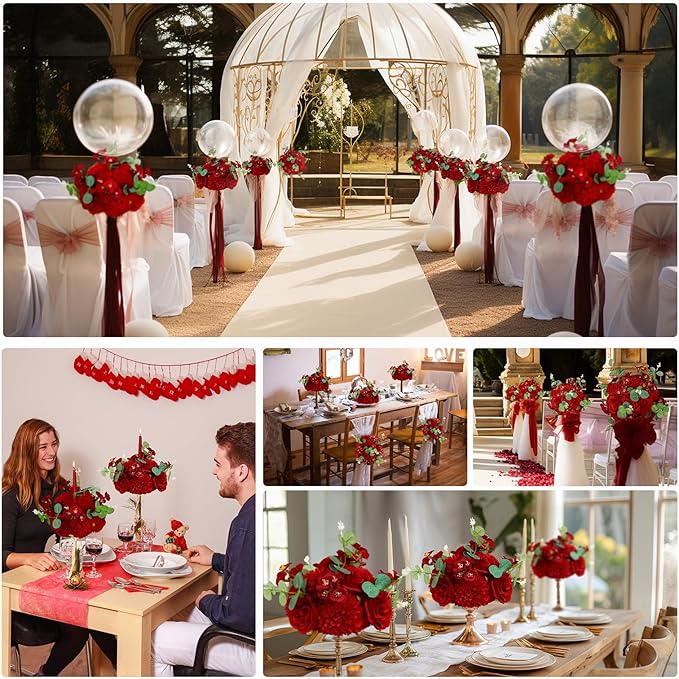 Artificial Flower Ball 10pcs Wedding Centerpieces Table Decorations Faux Red Rose Silk Floral Half Ball with Plastic Base for Party Home Room Event Table Arrangement (10, Red)