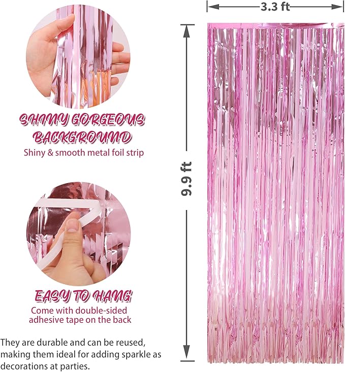 Crosize 3 Pack 3.3 x 9.9 ft Pink Foil Fringe Glitter Curtains Party Decorations, Tinsel Backdrop for Parties, Door Streamers for Birthday, Photo Booth Backdrops, Party Decor