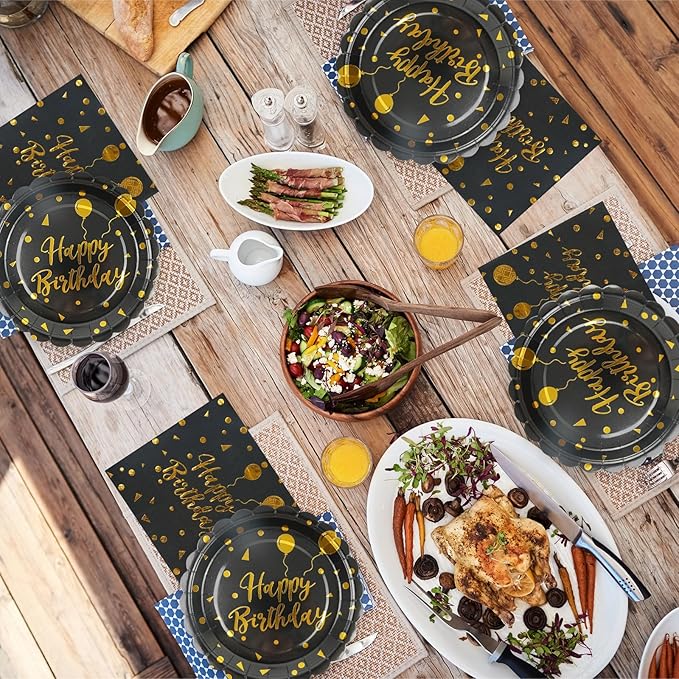 50PCS Happy Birthday Paper Plates and Napkins - 7 Inch Birthday Cake Plates Scalloped Black and Gold Dessert Plates and 6.5 Inch Napkins Disposable Tableware Set, Serves 25