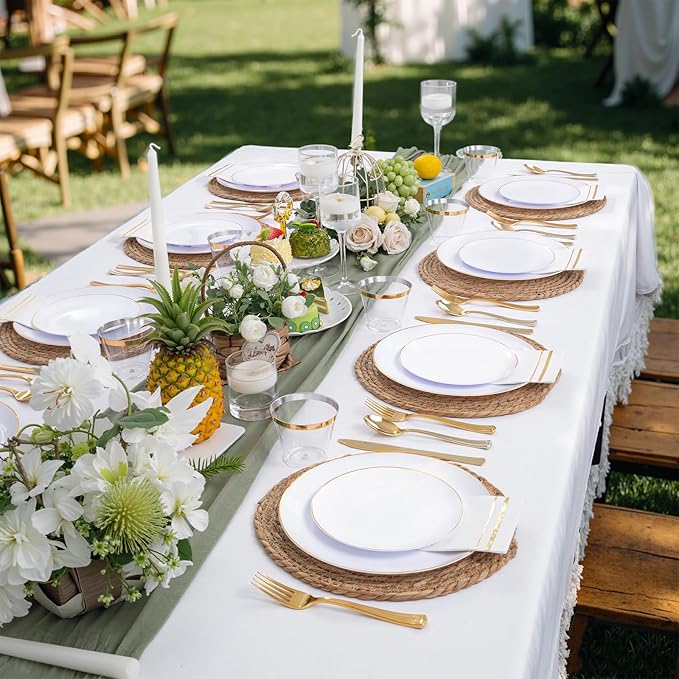 Festiva 350Pcs Gold Plastic Plates - White and Gold Dinnerware Set Disposable include 10" & 7" Plates,Cups,Silverware,Napkins -serve 50 Guests Perfect for Wedding& Chritmas &Thanksgiving Party