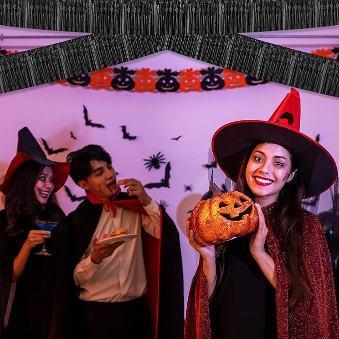 10 Pack 10 Feet Black Foil Fringe Garland Metallic Tinsel Streamers Banner Wall Hanging Curtain Backdrop for Parade Floats, Bachelorette, Wedding, Birthday, Halloween, Christmas Party Decorations