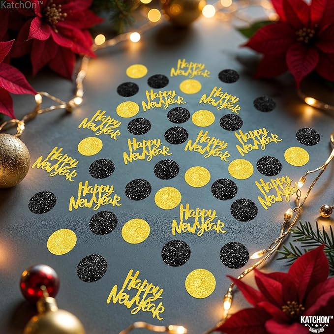 KatchOn, Glitter, Gold and Black Happy New Year Confetti - Pack of 200 | New Years Confetti 2026, New Years Eve Party Supplies 2026 | NYE Table Decorations | Happy New Years Decorations 2026