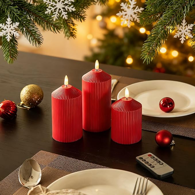 Flameless Candles with Remote, Battery Operated Candles Real Wax LED Fake Pillar Candles with Timer Flickering Flame for Wedding Home Party, Set of 3 Red
