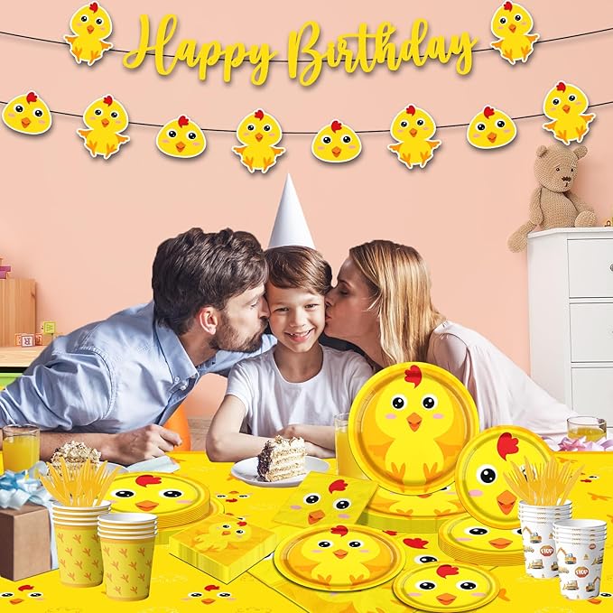 Chicken Farm Tableware Decoration, 142pcs Yellow Chick Theme Birthday Plates and Napkins Supplies