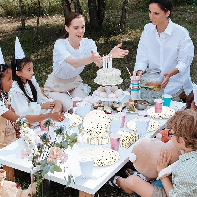 50PCS White and Gold Paper Plates and Napkins Party Supplies, 7 Inch Scalloped Dot Paper Dessert Cake Plates and Napkins Disposable Tableware Set for Birthday Baby Shower Wedding Decorations