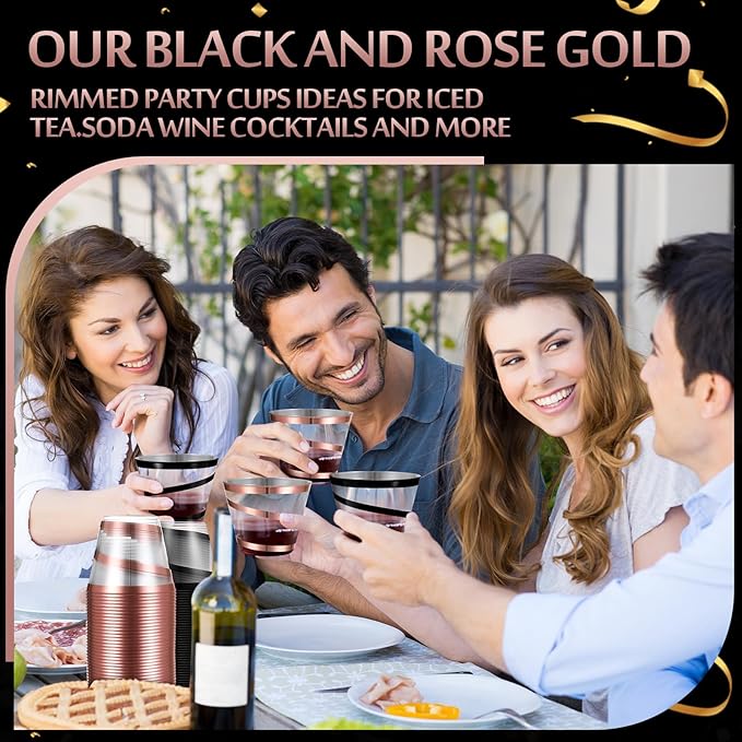 Gejoy 9 oz Rimmed Swirl Plastic Cups Disposable Wine Drinking Cups Clear Elegant Halloween Tumblers for Christmas Party Supplies(Rose Gold, Black,100 Pcs)