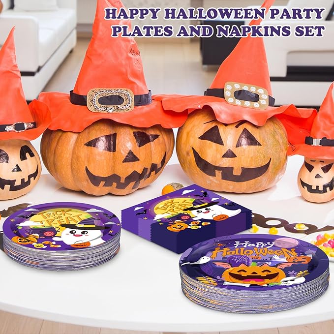 150 Pcs Halloween Plates and Napkins Sets - Cute Happy Halloween Party Supplies Tableware, Halloweens Disposable Paper Plates Napkins Set for Halloweens Birthday Party Decorations Favors, Serve 50