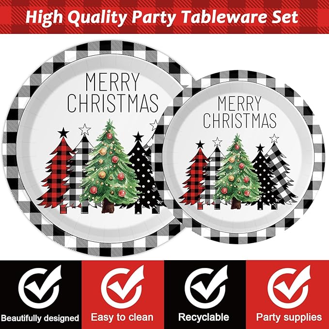 96 Pieces Buffalo Plaid Christmas Tree Tableware Set for Christmas Party Black and White Gingham Buffalo Plaid Decorations Disposable Dessert Paper Plates Napkins Forks for 24 Guests