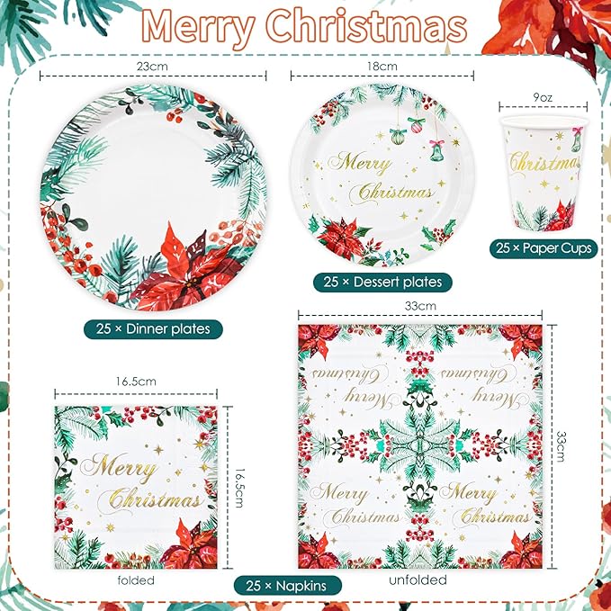 100 Christmas Party Paper Plates Napkins and Cups Set Poinsettia Disposable Dinnerware Set