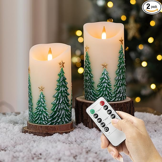 Christmas Tree Flameless Candles with Remote and Timer, Real Wax LED Pillar Candle with Flickering Flame, Embossed Design, Battery Operated Candles Xams Holiday Home Décor