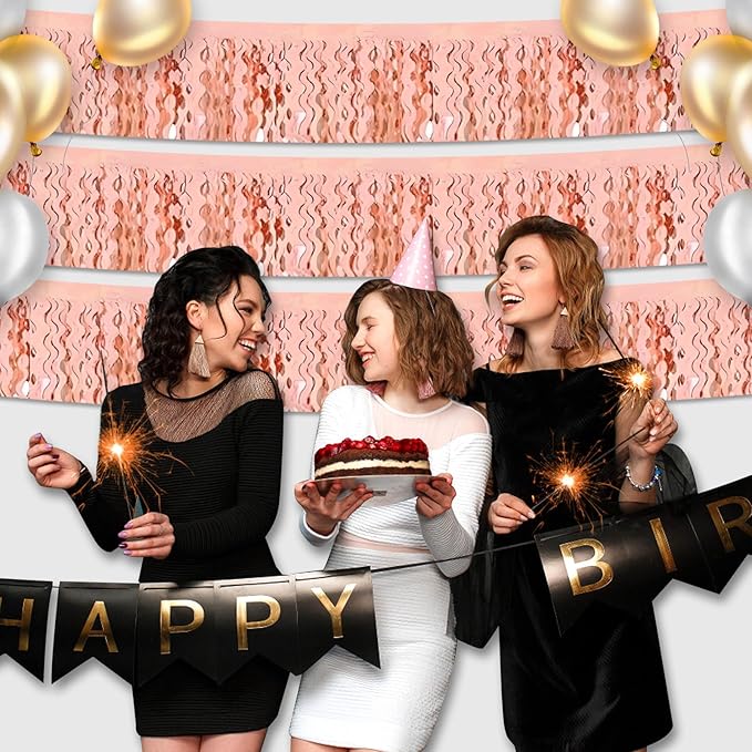6 Pack 10 Feet Rose Gold Wave Foil Fringe Garland Metallic Tinsel Streamers Banner Wall Hanging Curtain Backdrop for Parade Floats, Mother's Day, Easter, Wedding, Birthday Party Decoration