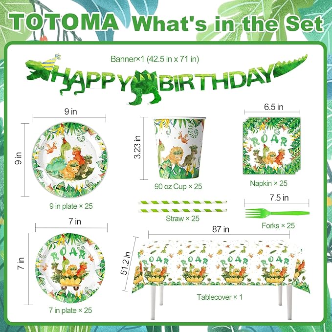 152 Pcs Dinosaur Birthday Party Decorations Supplies Serve 25 Guest, Dino Theme Party Pack for Kids, Dinosaur Plates, Cups, Napkins, Forks, Straws, Banner, Tablecloth for Birthday Celebration