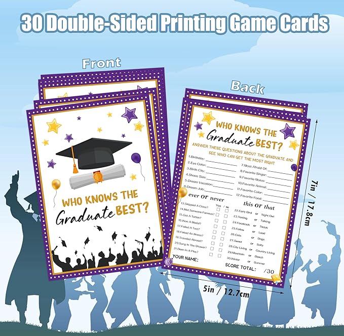 30 Grad Party Games Cards, Purple Graduation Trivia Game Card, Graduation Party Supplies for Group Activities, Who Knows The Graduate Best, Graduation Party Favors for High School College University,3