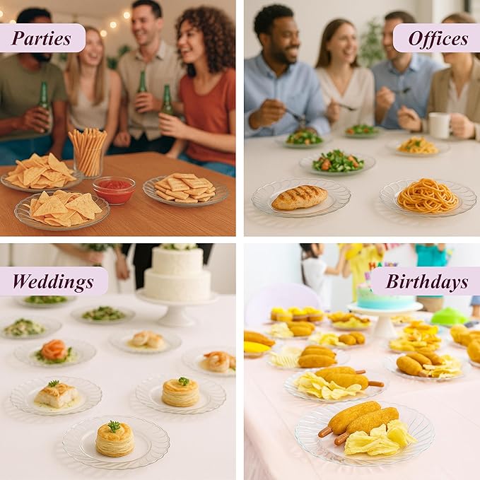 Aya's Cutlery Kingdom 50 Pack Clear Plastic Plates 9 Inch - Heavy Duty, Round, Disposable Plates for Parties, Weddings, and Events - Elegant Party Plate for Serving Appetizers, Salads, and Desserts